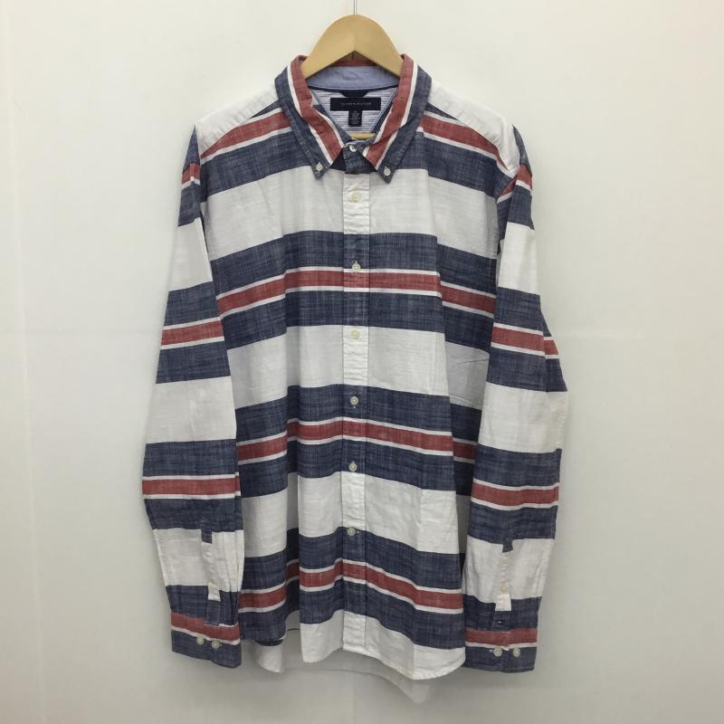 トミーヒルフィガー TOMMY HILFIGER シャツ、ブラウス 長袖 TOMMY HILFIGER 長袖シャツ XL ボーダー柄 白 / ホワイト / X 青 / ブルー / X 赤 / レッド /  メンズ USED 古着 中古 10128711