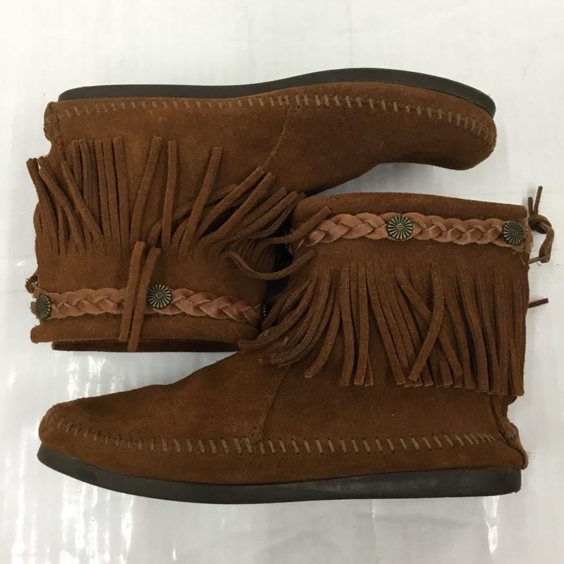 ミネトンカ Minnetonka ブーツ ショートブーツ 292X バックジップブーツ earth music&ecology コラボ フリンジ 無地 茶 / ブラウン /  レディース USED 古着 中古 10105965