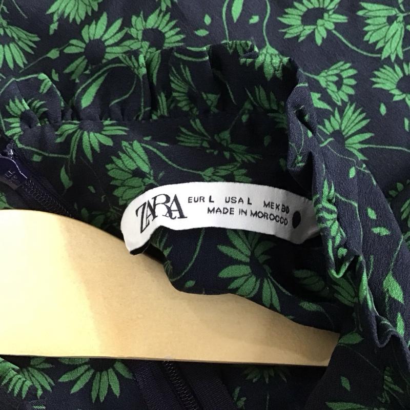 ザラ ZARA ワンピース ひざ丈スカート 2058 101 401 スタンドネック 襟フリル 長袖 L 花柄 黒 / ブラック / X 緑 / グリーン /  レディース USED 古着 中古 10131213