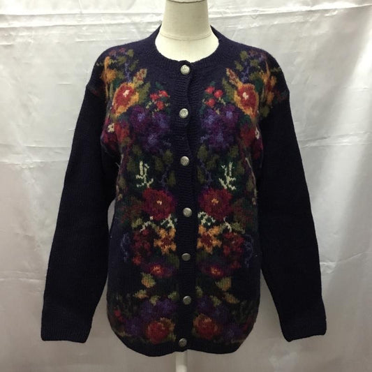 古着 USED カーディガン 長袖 ウール クルーネック M 花柄 紺 / ネイビー /  レディース USED 古着 中古 10107295