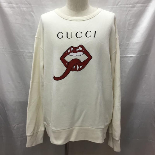 グッチ GUCCI トレーナー 長袖 長袖トレーナー スウェット クルーネック リブスウェットカットソー プリント 白 / ホワイト /  メンズ USED 古着 中古 10118638