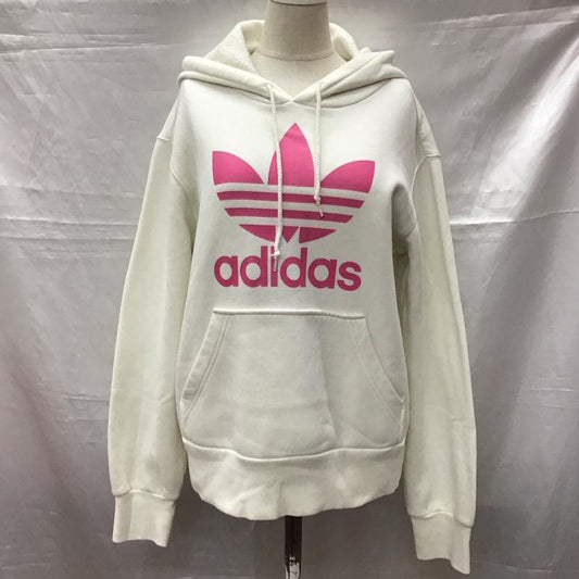 アディダス adidas パーカー 長袖 プルオーバー 裏起毛 フーディー L ロゴ、文字 白 / ホワイト / X 桃 / ピンク /  レディース USED 古着 中古 10115466
