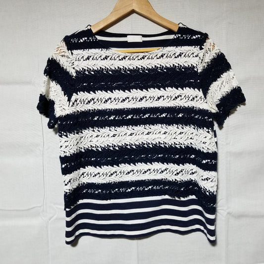 ソーノ Sono Tシャツ 半袖 袖がレース S ボーダー柄 白 / ホワイト / X 紺 / ネイビー /  レディース USED 古着 中古 10005984