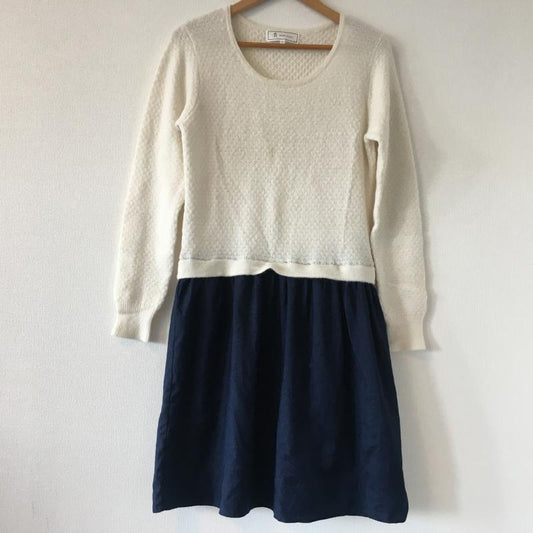 ロペピクニック ROPE' PICNIC ワンピース ひざ丈スカート ウエスト素材切り替え 38 無地 白 / ホワイト / X 紺 / ネイビー /  レディース USED 古着 中古 10013720