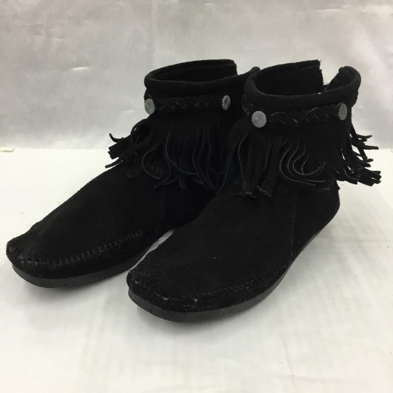 ミネトンカ Minnetonka ブーツ ショートブーツ 299 earth music&ecology コラボ フリンジ 1613107 無地 黒 / ブラック / black レディース USED 古着 中古 10105966