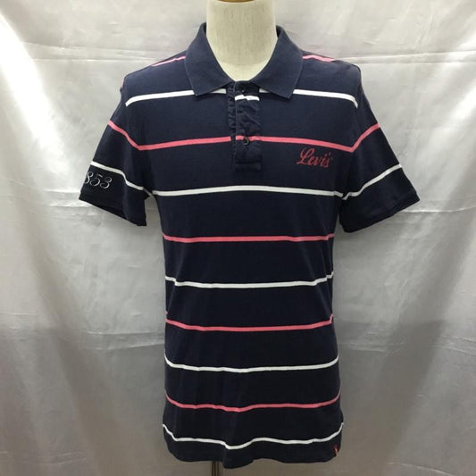リーバイス Levi s ポロシャツ 半袖 ボーダー M ロゴ、文字 紺 / ネイビー / navy X 白 / ホワイト / white X 桃 / ピンク / pink メンズ USED 古着 中古 10109634