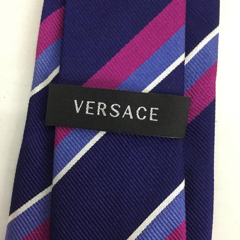 ヴェルサーチ VERSACE ネクタイ ネクタイ シルク ストライプ ワンポイント 紺 / ネイビー / X 紫 / パープル / X 白 / ホワイト / X 水色 / ライトブルー /  メンズ USED 古着 中古 10125566