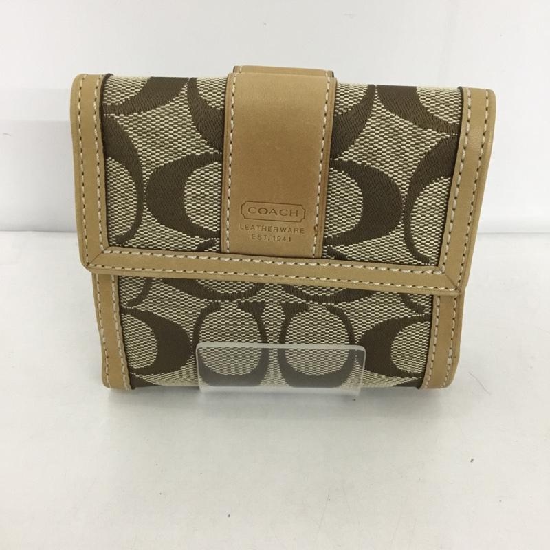 コーチ COACH 財布 二つ折り ダブルホック シグネチャー パスケース ロゴ、文字 ベージュ / ベージュ /  レディース USED 古着 中古 10125908