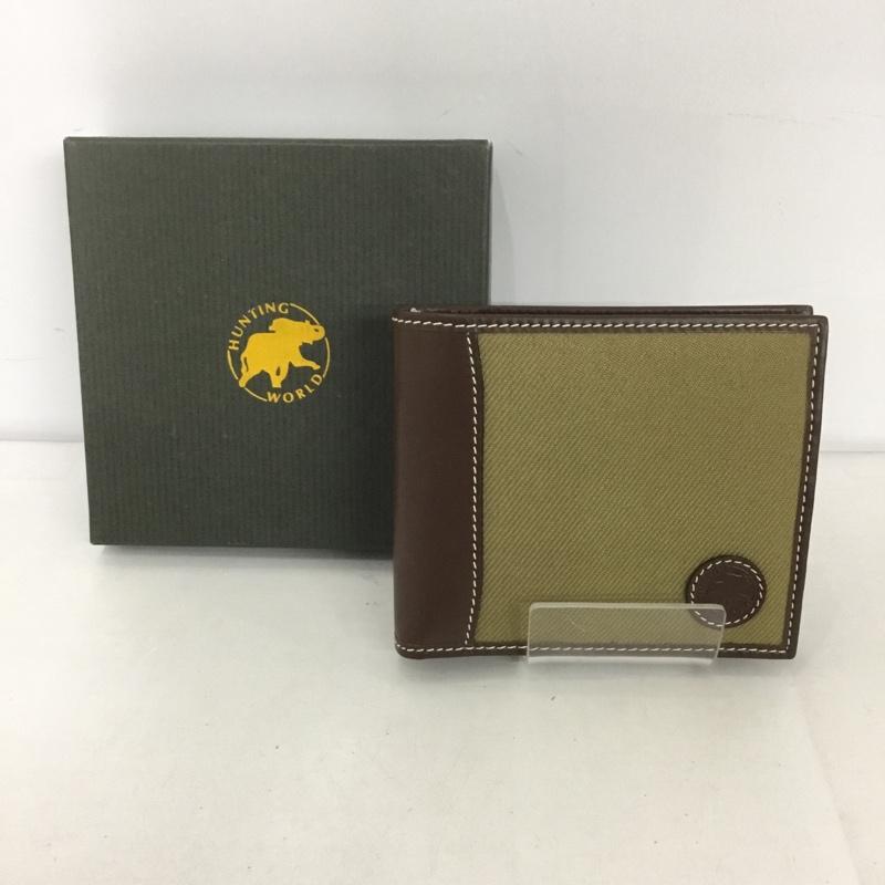 ハンティングワールド Hunting World 財布 二つ折り 箱有 レザー キャンバス ワンポイント 茶 / ブラウン / X ベージュ / ベージュ /  メンズ USED 古着 中古 10125910