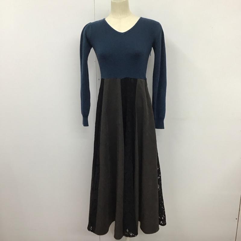 アンドクチュール And Couture ワンピース ロングスカート 09-2025100663 Vネック スカート切替 長袖 38 無地 青 / ブルー / X チャコールグレー / チャコールグレー /  レディース USED 古着 中古 10126073