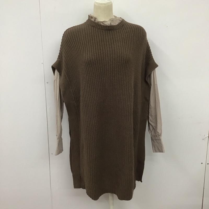 リエンダ rienda ワンピース ひざ丈スカート 110FS673-0740 オーバーサイズ衿ギャザーミニKnit OP FREE 無地 茶 / ブラウン /  レディース USED 古着 中古 10126599