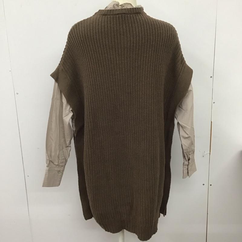 リエンダ rienda ワンピース ひざ丈スカート 110FS673-0740 オーバーサイズ衿ギャザーミニKnit OP FREE 無地 茶 / ブラウン /  レディース USED 古着 中古 10126599