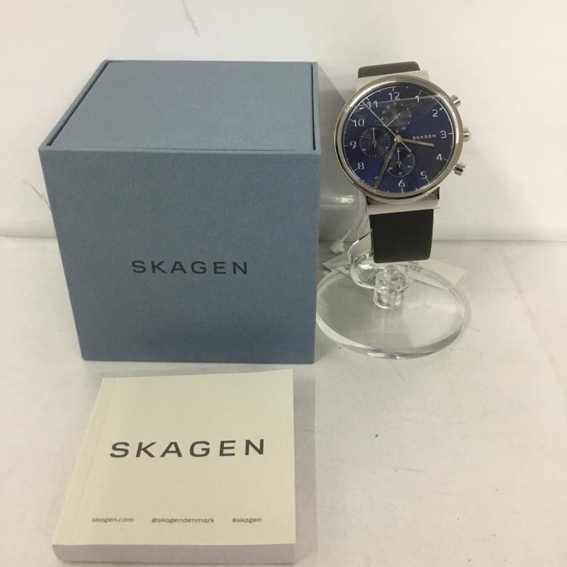 スカーゲン SKAGEN 腕時計 アナログ（クォーツ式） SKW6417 レザーベルト 箱有 ロゴ、文字 黒 / ブラック / X 紺 / ネイビー /  メンズ USED 古着 中古 10127492