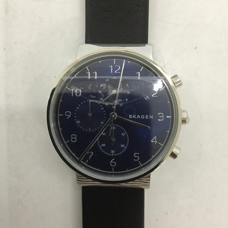 スカーゲン SKAGEN 腕時計 アナログ（クォーツ式） SKW6417 レザーベルト 箱有 ロゴ、文字 黒 / ブラック / X 紺 / ネイビー /  メンズ USED 古着 中古 10127492