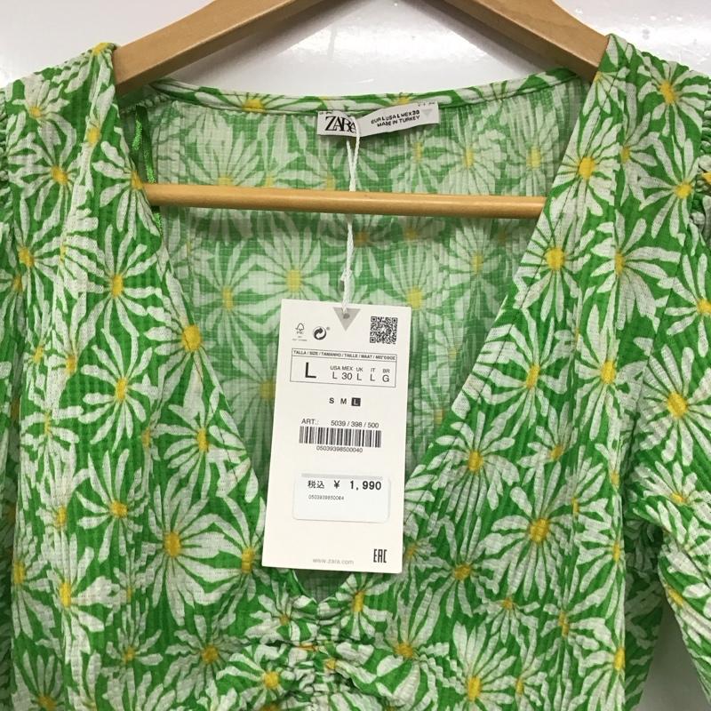 ザラ ZARA カットソー 半袖 半袖カットソー プリントシャツ Vネックカットソー L プリント 緑 / グリーン /  レディース USED 古着 中古 10135449