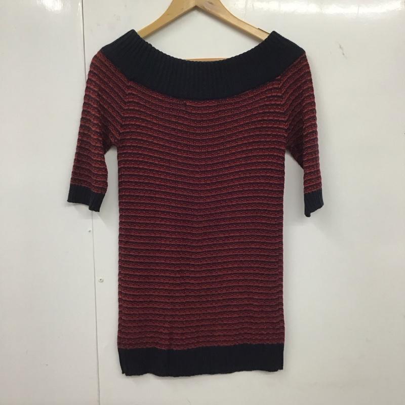セシルマクビー CECIL McBEE ニット、セーター 半袖 半袖ニット ワイドネック ニットカットソー M 総柄 紺 / ネイビー / X 赤 / レッド /  レディース USED 古着 中古 10136255