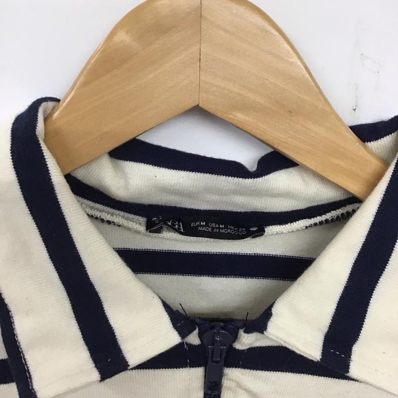 ザラ ZARA カットソー 長袖 長袖カットソー ジップアップカラーネックカットソー M ボーダー柄 白 / ホワイト / X 紺 / ネイビー /  メンズ USED 古着 中古 10137441