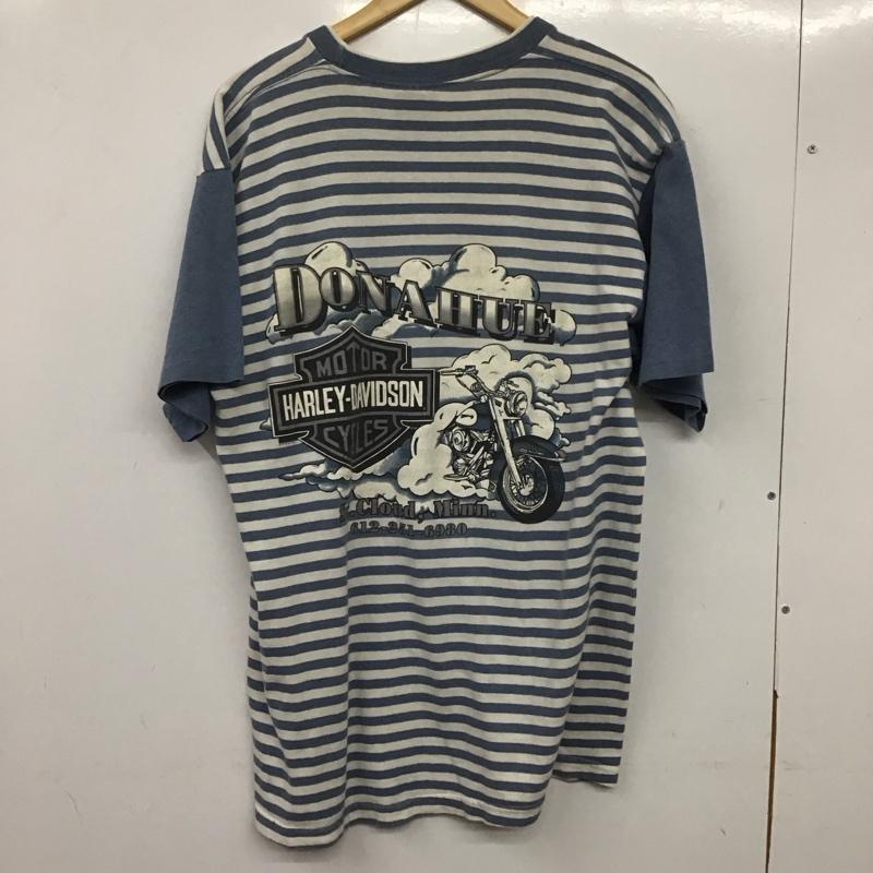 ハーレーダビッドソン Harley-Davidson Tシャツ 半袖 半袖カットソー プリントTシャツ クルーネックカットソー 古着 ボーダー柄 白 / ホワイト / X 水色 / ライトブルー /  メンズ USED 古着 中古 10138199