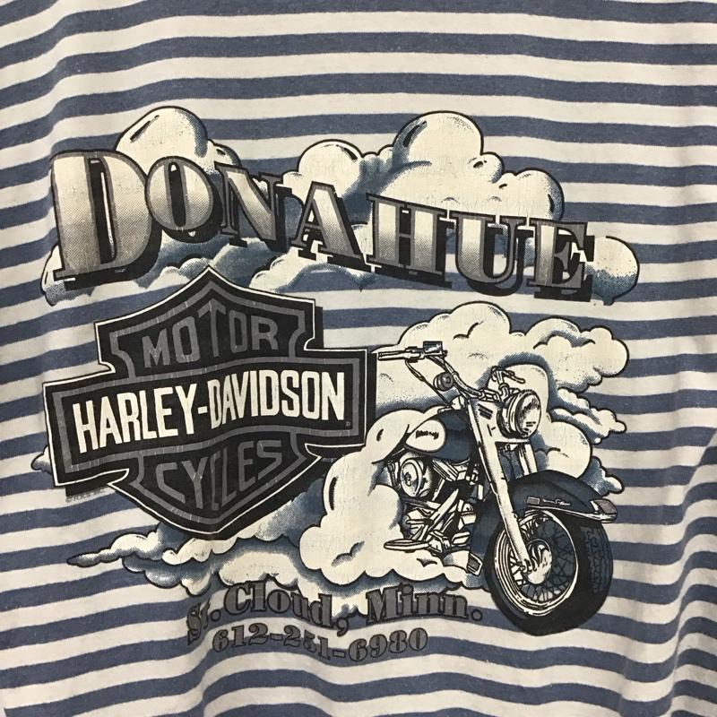 ハーレーダビッドソン Harley-Davidson Tシャツ 半袖 半袖カットソー プリントTシャツ クルーネックカットソー 古着 ボーダー柄 白 / ホワイト / X 水色 / ライトブルー /  メンズ USED 古着 中古 10138199