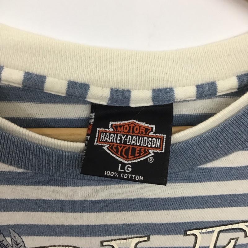 ハーレーダビッドソン Harley-Davidson Tシャツ 半袖 半袖カットソー プリントTシャツ クルーネックカットソー 古着 ボーダー柄 白 / ホワイト / X 水色 / ライトブルー /  メンズ USED 古着 中古 10138199