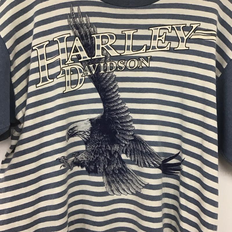ハーレーダビッドソン Harley-Davidson Tシャツ 半袖 半袖カットソー プリントTシャツ クルーネックカットソー 古着 ボーダー柄 白 / ホワイト / X 水色 / ライトブルー /  メンズ USED 古着 中古 10138199