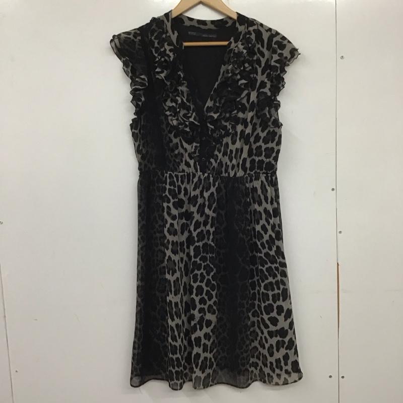 ザラ ZARA ワンピース ひざ丈スカート ノースリーブ フリル L ヒョウ柄・レオパード柄 黒 / ブラック / X 灰 / グレー /  レディース USED 古着 中古 10138647