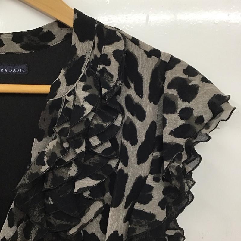 ザラ ZARA ワンピース ひざ丈スカート ノースリーブ フリル L ヒョウ柄・レオパード柄 黒 / ブラック / X 灰 / グレー /  レディース USED 古着 中古 10138647