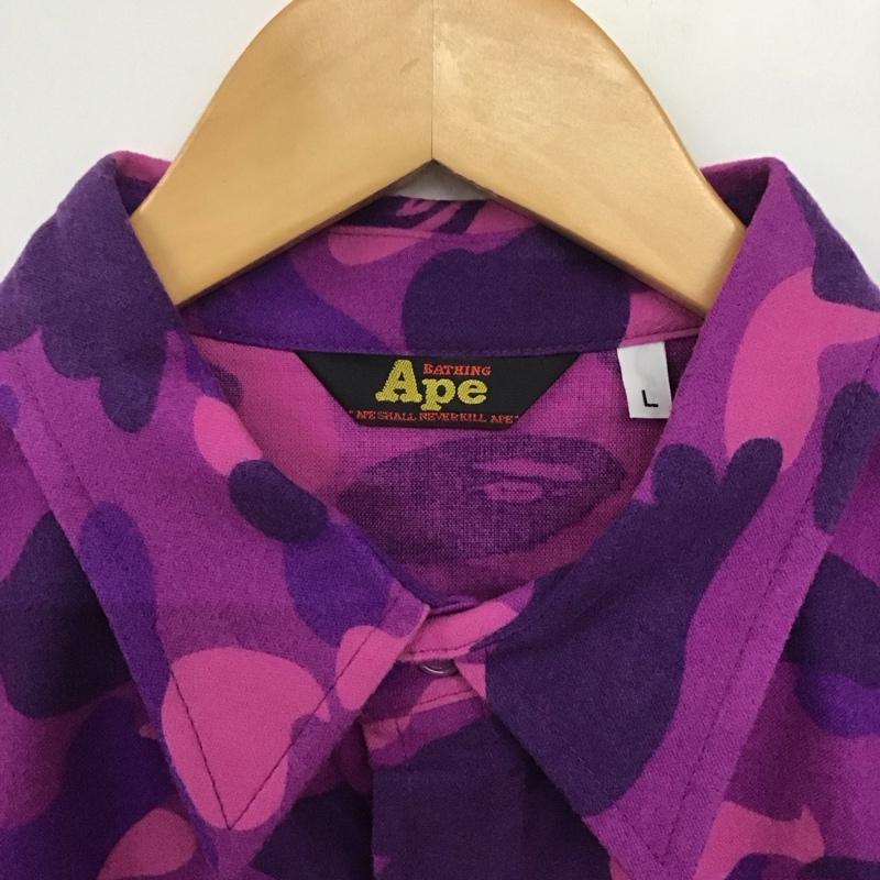 エイプ APE シャツ、ブラウス 半袖 半袖シャツ 無地シャツ ポケットシャツ L プリント 紫 / パープル /  メンズ USED 古着 中古 10141377
