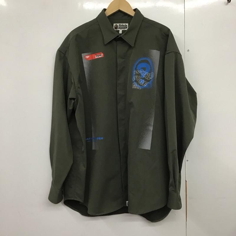 アベイシングエイプ A BATHING APE シャツ、ブラウス 長袖 長袖シャツジャケット ミリタリーシャツ フロントボタン L プリント カーキ / カーキ /  メンズ USED 古着 中古 10141378