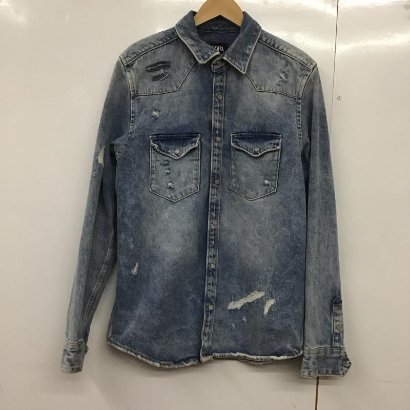 ザラ ZARA シャツ、ブラウス 長袖 6917 420 427 デニムシャツ S ダメージ加工 青 / ブルー /  メンズ USED 古着 中古 10144075