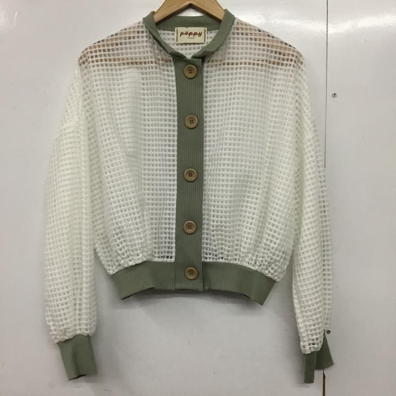 ポピー POPPY カーディガン 長袖 襟付き シアー チェック 白 / ホワイト / X カーキ / カーキ /  レディース USED 古着 中古 10144681