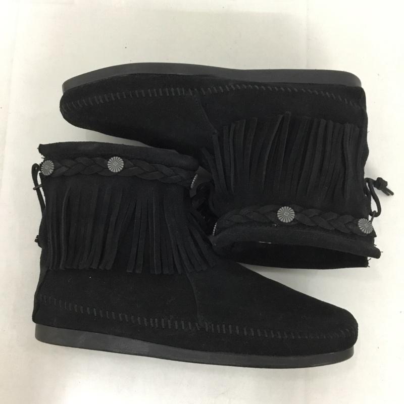 ミネトンカ Minnetonka ブーツ ショートブーツ Hi Top Back Zipper Boot 299 コンチョボタン フリンジ 8 FREE 無地 黒 / ブラック /  レディース USED 古着 中古 10144921