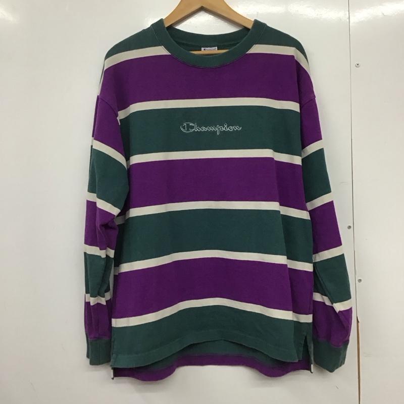 チャンピオン Champion Tシャツ 長袖 C3-Q410 ヘビーオンス ロンT ボーダー L ロゴ、文字 紫 / パープル / X 緑 / グリーン / X 白 / ホワイト /  メンズ USED 古着 中古 10145211