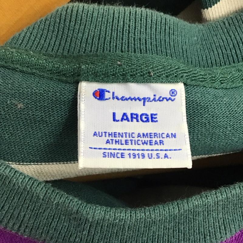 チャンピオン Champion Tシャツ 長袖 C3-Q410 ヘビーオンス ロンT ボーダー L ロゴ、文字 紫 / パープル / X 緑 / グリーン / X 白 / ホワイト /  メンズ USED 古着 中古 10145211