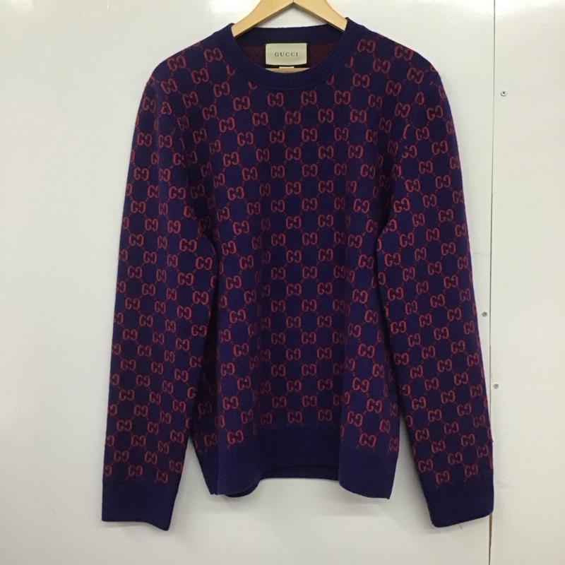 グッチ GUCCI ニット、セーター 長袖 GG ウール カシミヤ 597723 クルーネック XL 総柄 紺 / ネイビー / X 赤 / レッド /  メンズ USED 古着 中古 10146537