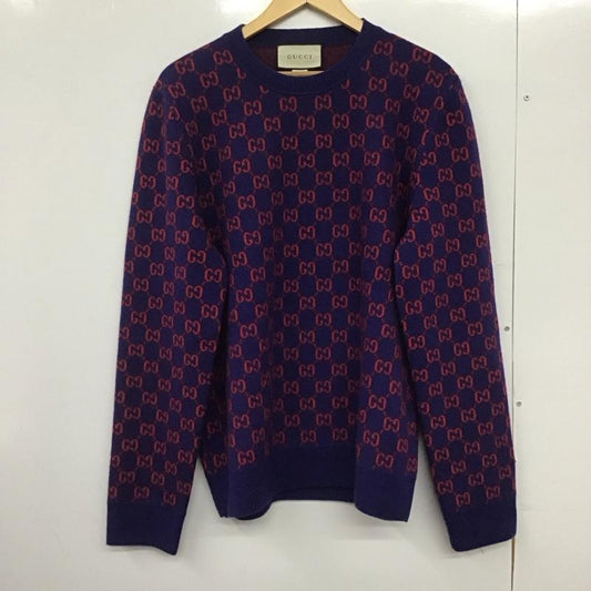 グッチ GUCCI ニット、セーター 長袖 GG ウール カシミヤ 597723 クルーネック XL 総柄 紺 / ネイビー / X 赤 / レッド /  メンズ USED 古着 中古 10146537