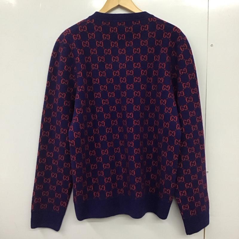 グッチ GUCCI ニット、セーター 長袖 GG ウール カシミヤ 597723 クルーネック XL 総柄 紺 / ネイビー / X 赤 / レッド /  メンズ USED 古着 中古 10146537