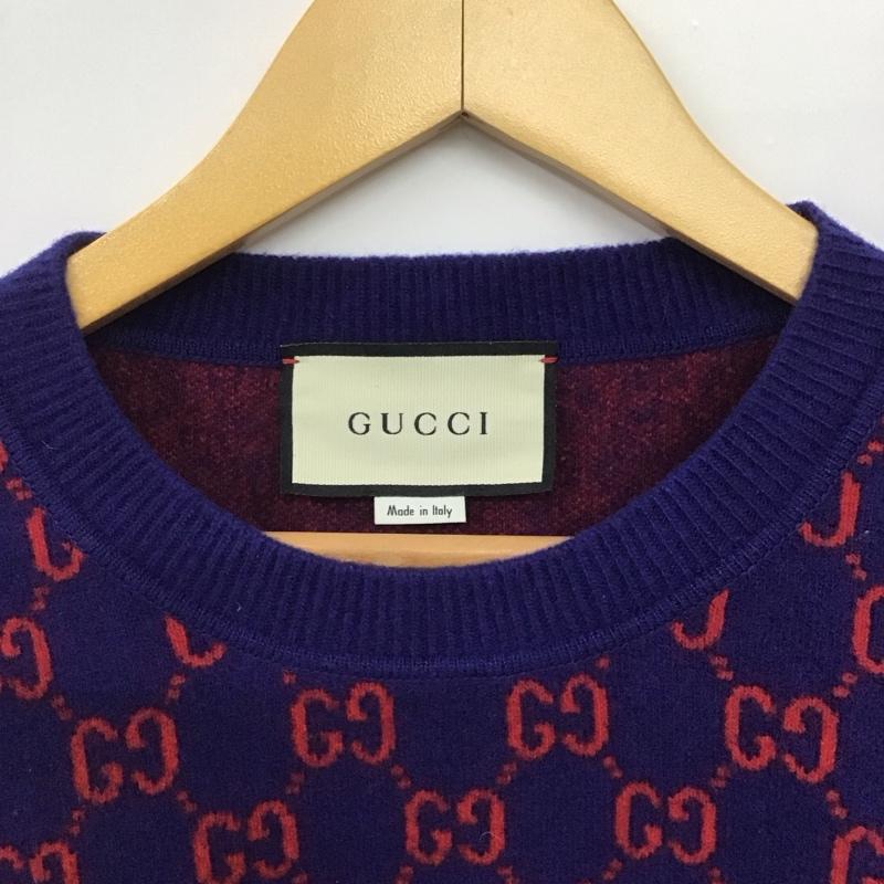 グッチ GUCCI ニット、セーター 長袖 GG ウール カシミヤ 597723 クルーネック XL 総柄 紺 / ネイビー / X 赤 / レッド /  メンズ USED 古着 中古 10146537