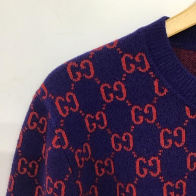 グッチ GUCCI ニット、セーター 長袖 GG ウール カシミヤ 597723 クルーネック XL 総柄 紺 / ネイビー / X 赤 / レッド /  メンズ USED 古着 中古 10146537