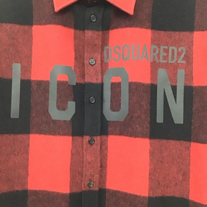 ディースクエアード2 DSQUARED2 シャツ、ブラウス 長袖 S79DL0014S53139 ウール混 チェック 46 ロゴ、文字 黒 / ブラック / X 赤 / レッド /  メンズ USED 古着 中古 10146540