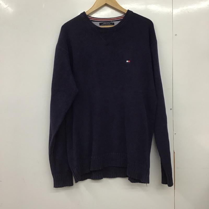 トミーヒルフィガー TOMMY HILFIGER ニット、セーター 長袖 長袖ニットカットソー クルーネック セーター L ロゴ、文字 紺 / ネイビー /  メンズ USED 古着 中古 10148100