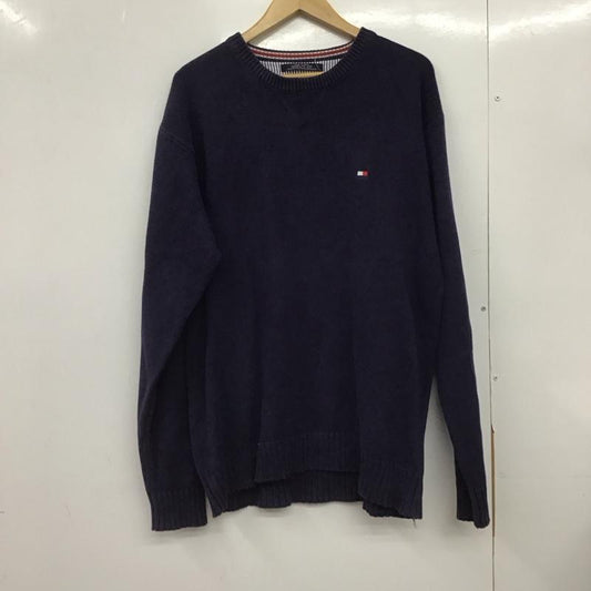 トミーヒルフィガー TOMMY HILFIGER ニット、セーター 長袖 長袖ニットカットソー クルーネック セーター L ロゴ、文字 紺 / ネイビー /  メンズ USED 古着 中古 10148100
