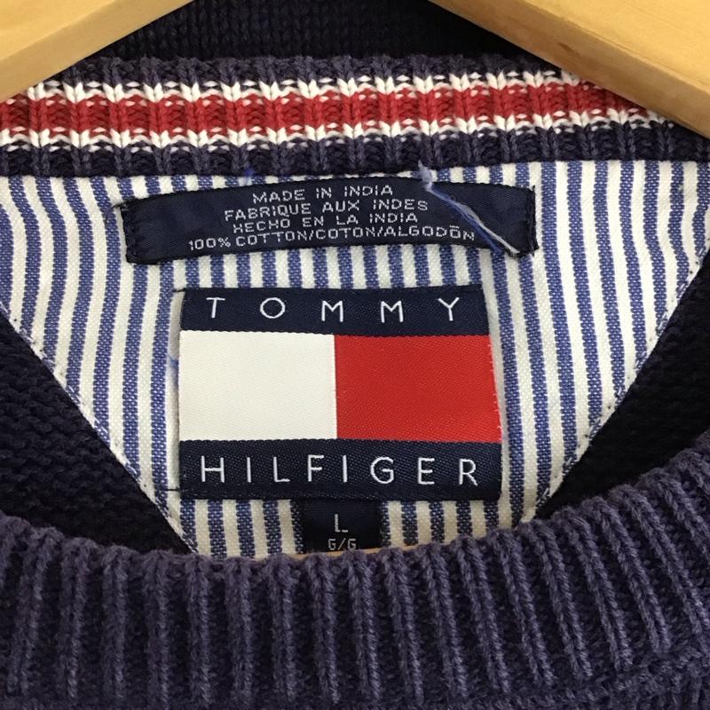 トミーヒルフィガー TOMMY HILFIGER ニット、セーター 長袖 長袖ニットカットソー クルーネック セーター L ロゴ、文字 紺 / ネイビー /  メンズ USED 古着 中古 10148100