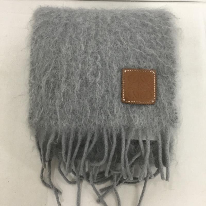 ロエベ LOEWE マフラー マフラー A-28003861 レザーパッチ モヘヤ ウール混 フリンジ ロゴ、文字 灰 / グレー /  レディース USED 古着 中古 10148662