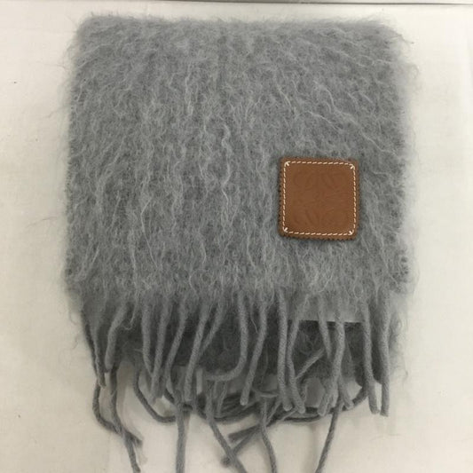 ロエベ LOEWE マフラー マフラー A-28003861 レザーパッチ モヘヤ ウール混 フリンジ ロゴ、文字 灰 / グレー /  レディース USED 古着 中古 10148662