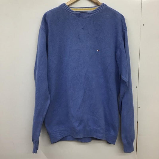 トミーヒルフィガー TOMMY HILFIGER ニット、セーター 長袖 長袖ニットカットソー クルーネック セーター L ロゴ、文字 水色 / ライトブルー /  メンズ USED 古着 中古 10148696
