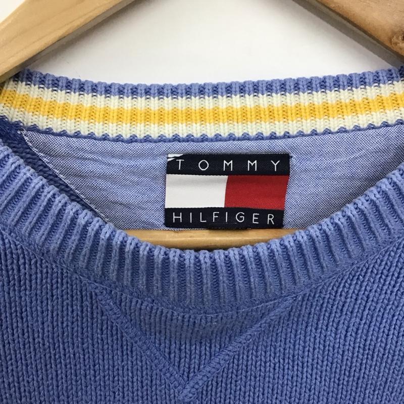 トミーヒルフィガー TOMMY HILFIGER ニット、セーター 長袖 長袖ニットカットソー クルーネック セーター L ロゴ、文字 水色 / ライトブルー /  メンズ USED 古着 中古 10148696