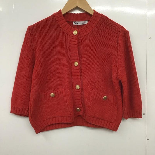 ザラ ZARA カーディガン 長袖 6427/011/600 クルーネック カーディガン M 無地 赤 / レッド /  レディース USED 古着 中古 10149063