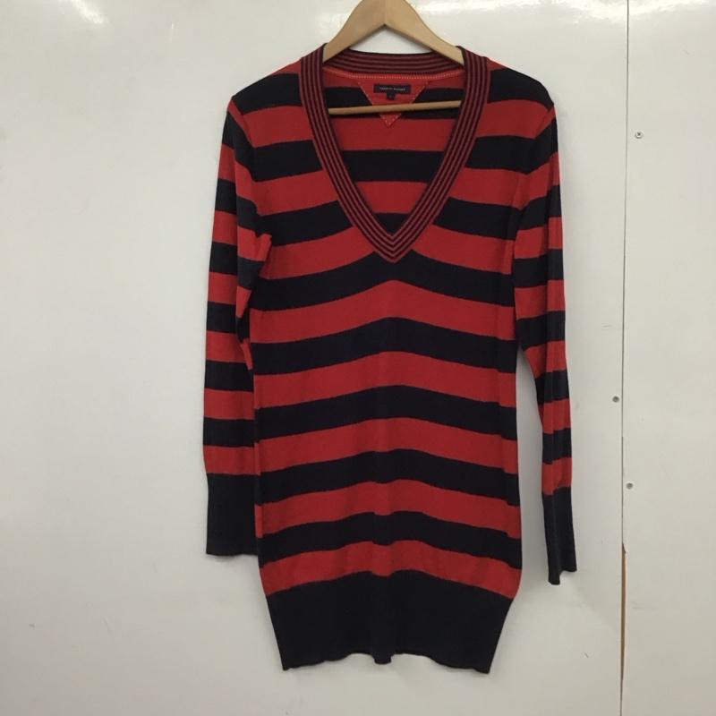 トミーヒルフィガー TOMMY HILFIGER ワンピース ひざ丈スカート 12-2231811 Vネック ニット 長袖 L ボーダー柄 赤 / レッド / X 紺 / ネイビー /  レディース USED 古着 中古 10149502