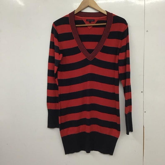トミーヒルフィガー TOMMY HILFIGER ワンピース ひざ丈スカート 12-2231811 Vネック ニット 長袖 L ボーダー柄 赤 / レッド / X 紺 / ネイビー /  レディース USED 古着 中古 10149502